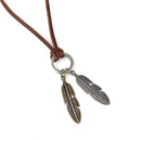 Classic Double Charm Same Size Silver&Gold Leaves Pendant Adjustable Long PU Leather Rope Necklace for Women Men with Circle