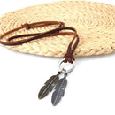 Classic Double Charm Same Size Silver&Gold Leaves Pendant Adjustable Long PU Leather Rope Necklace for Women Men with Circle