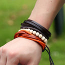 Unisex Fashion Wooden Beads Leather Multilayer Bracelet Adjustable Wristband