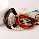 Unisex Fashion Wooden Beads Leather Multilayer Bracelet Adjustable Wristband