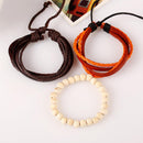 Unisex Fashion Wooden Beads Leather Multilayer Bracelet Adjustable Wristband