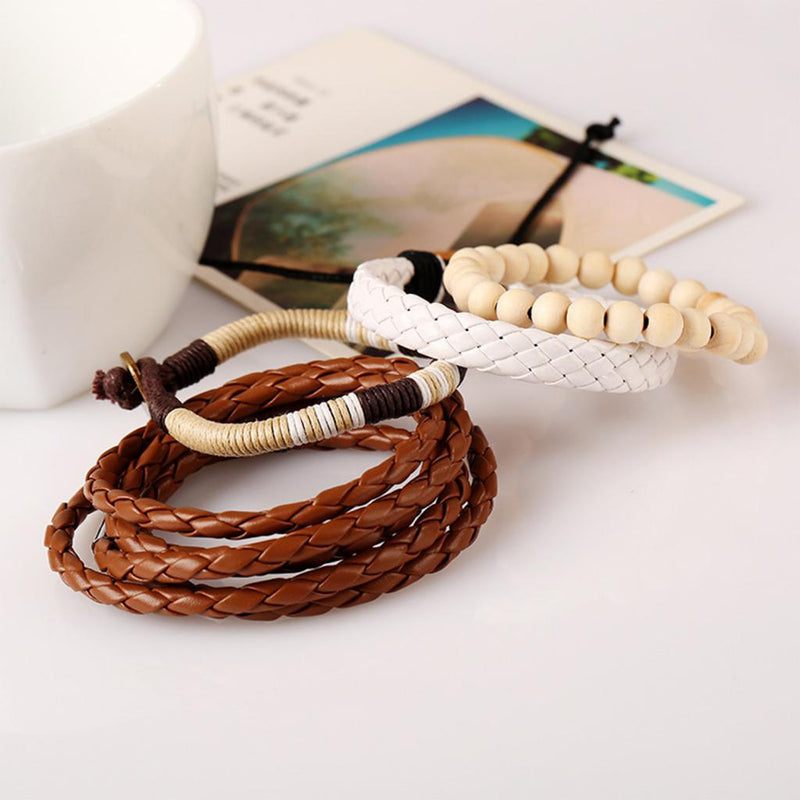 1 Set Of 4pcs Multilayer Men Surfer PU Leather Wrap Wristband Wood Bracelet Bangle