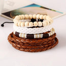 1 Set Of 4pcs Multilayer Men Surfer PU Leather Wrap Wristband Wood Bracelet Bangle