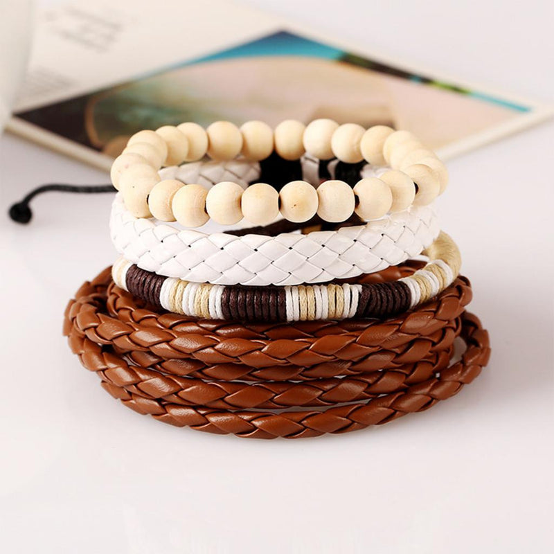 1 Set Of 4pcs Multilayer Men Surfer PU Leather Wrap Wristband Wood Bracelet Bangle