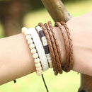 1 Set Of 4pcs Multilayer Men Surfer PU Leather Wrap Wristband Wood Bracelet Bangle