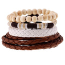 1 Set Of 4pcs Multilayer Men Surfer PU Leather Wrap Wristband Wood Bracelet Bangle
