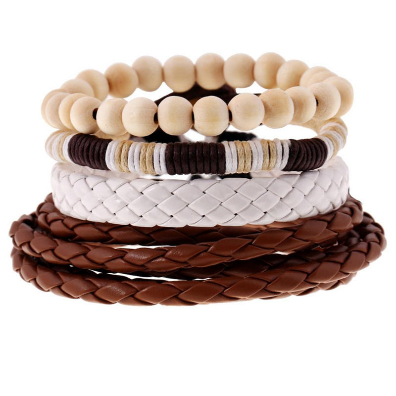 1 Set Of 4pcs Multilayer Men Surfer PU Leather Wrap Wristband Wood Bracelet Bangle
