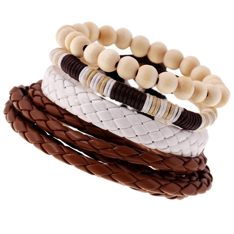 1 Set Of 4pcs Multilayer Men Surfer PU Leather Wrap Wristband Wood Bracelet Bangle