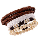 1 Set Of 4pcs Multilayer Men Surfer PU Leather Wrap Wristband Wood Bracelet Bangle