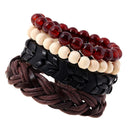 1 Set Of 4pcs Unisex Handmade Braided PU Leather Bangle Wood Beads Bracelets