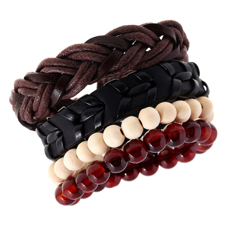 1 Set Of 4pcs Unisex Handmade Braided PU Leather Bangle Wood Beads Bracelets