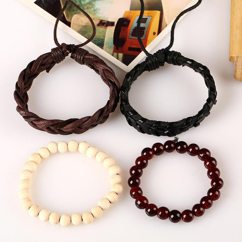 1 Set Of 4pcs Unisex Handmade Braided PU Leather Bangle Wood Beads Bracelets