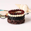 1 Set Of 4pcs Unisex Handmade Braided PU Leather Bangle Wood Beads Bracelets