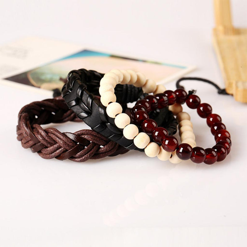 1 Set Of 4pcs Unisex Handmade Braided PU Leather Bangle Wood Beads Bracelets