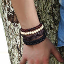 1 Set Of 4pcs Unisex Handmade Braided PU Leather Bangle Wood Beads Bracelets