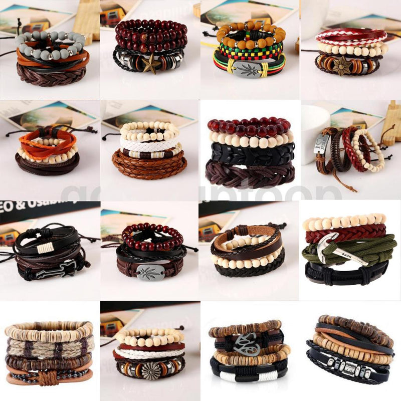 1 Set Of 4pcs Unisex Handmade Braided PU Leather Bangle Wood Beads Bracelets