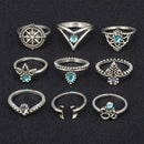 9pcs Vintage Women Rings Tribal Ethnic Hippie Crystal Joint Ring Set