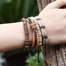 Set Of 4pcs Men Women Wood Beads Ethnic Tribal Bracelets Leather Wristbands