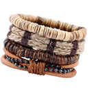 Set Of 4pcs Men Women Wood Beads Ethnic Tribal Bracelets Leather Wristbands