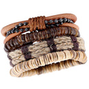 Set Of 4pcs Men Women Wood Beads Ethnic Tribal Bracelets Leather Wristbands