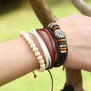Set Of 3pcs Mixed Style Surfer Cuff Ethnic Tribal PU Leather Bracelets Wood Beads