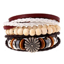 Set Of 3pcs Mixed Style Surfer Cuff Ethnic Tribal PU Leather Bracelets Wood Beads