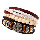 Set Of 3pcs Mixed Style Surfer Cuff Ethnic Tribal PU Leather Bracelets Wood Beads