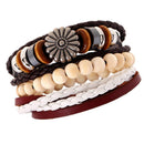 Set Of 3pcs Mixed Style Surfer Cuff Ethnic Tribal PU Leather Bracelets Wood Beads