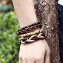 PU Leather Multi-Stands Wristband Rustic Cords Nut Shell Beads Strand Bangle Handmade Friends Family Gift