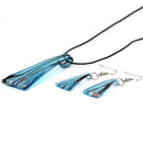 Shining Gorgeous Irregular Triangles Shaped Dangle Necklace Set Blue&Black with Black Rope Fish Hook Dangle Earrings for Wedding