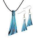 Shining Gorgeous Irregular Triangles Shaped Dangle Necklace Set Blue&Black with Black Rope Fish Hook Dangle Earrings for Wedding