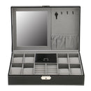 Multifunction 2 Slots Jewelry 8 Slots Black Carbon Fiber Watch Storage Display Makeup Box with Mirror Organizer for Women Girls
