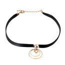 Round Double Rings Zircon Clavicle Chain Women Choker Collar Leather Necklace
