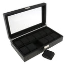 12 Men Watch Box Black PU Leather Display Glass Top Jewelry Case Organizer Box