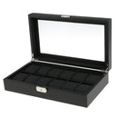 12 Men Watch Box Black PU Leather Display Glass Top Jewelry Case Organizer Box