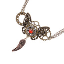 Handmade Hollow Alloy Butterfly Feather Shaped Dangle Pendant Multigear Necklace Double Chains Gear Choker with Red Rhinestone