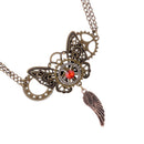 Handmade Hollow Alloy Butterfly Feather Shaped Dangle Pendant Multigear Necklace Double Chains Gear Choker with Red Rhinestone