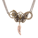 Handmade Hollow Alloy Butterfly Feather Shaped Dangle Pendant Multigear Necklace Double Chains Gear Choker with Red Rhinestone