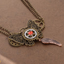 Handmade Hollow Alloy Butterfly Feather Shaped Dangle Pendant Multigear Necklace Double Chains Gear Choker with Red Rhinestone