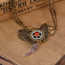 Handmade Hollow Alloy Butterfly Feather Shaped Dangle Pendant Multigear Necklace Double Chains Gear Choker with Red Rhinestone