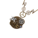 Vintage Rock Multigear Horse Watch Shaped Steampunk Dangle Pendant Necklace with Key Shaped Long Adjustable Chain Choker