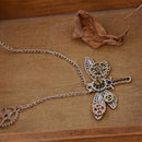 Vintage Rock Multigear And Dragonfly Shaped Steampunk Dangle Pendant Necklace with Long Adjustable Chain Choker