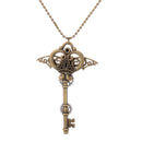 Retro Steampunk Heart Crown Wings Gear Key Pendant Ancient Gold Alloy Necklace with Beads Chain Victorian Statement Jewelry