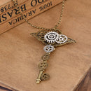 Retro Steampunk Heart Crown Wings Gear Key Pendant Ancient Gold Alloy Necklace with Beads Chain Victorian Statement Jewelry