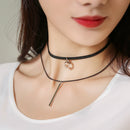 Women Rhombic Zircon Pendant Multi-layer PU Leather Clavicle Chain Necklace