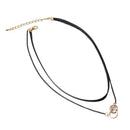 Gothic Black PU Leather Double Layer Choker Collar with Rhinestone Rings Charms Chain Clavicle Necklace