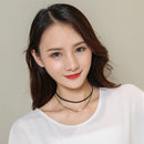 Gothic Black PU Leather Double Layer Choker Collar with Rhinestone Rings Charms Chain Clavicle Necklace