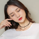 Gothic Black PU Leather Double Layer Choker Collar with Rhinestone Rings Charms Chain Clavicle Necklace