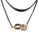 Gothic Black PU Leather Double Layer Choker Collar with Rhinestone Rings Charms Chain Clavicle Necklace