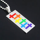 LGBT Gay Lesbian Pride Stainless Steel Rectangle Rainbow Dog Tag Pendant Beads Chain Necklace